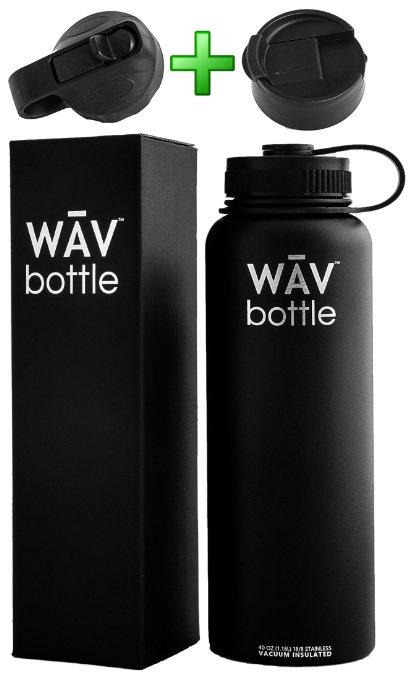 3 in 1 WAV Bottle 40 oz: Vacuum Insulated Stainless Steel Water Bottle w/ Straw Lid & Flip Lid - Wide Mouth & Double Walled - Easy Swap Lids For Hot And Cold Drinks