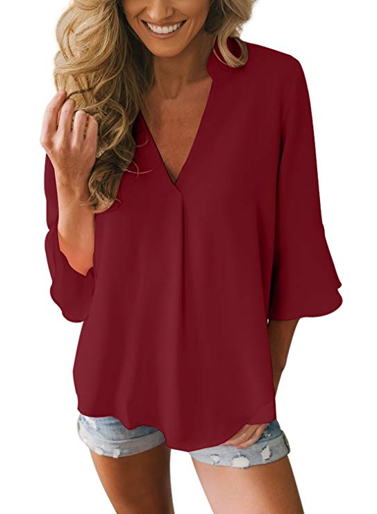 Dokotoo Womens 3 4 Bell Sleeve V Neck Chiffon Tops Casual Solid Blouse Loose Shirts S-XXL