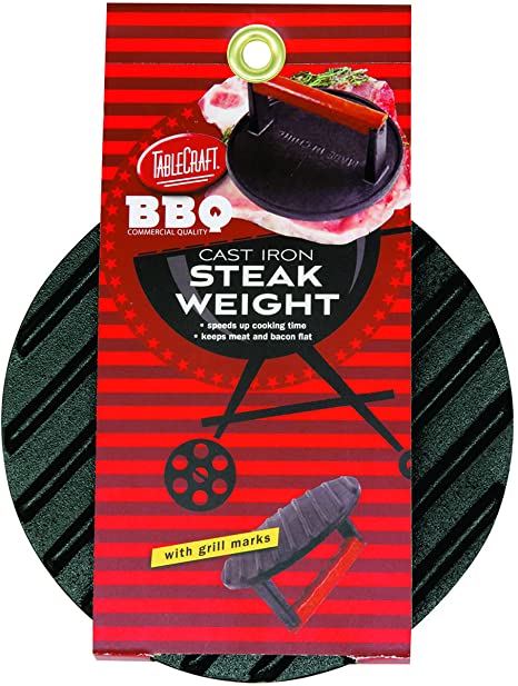 TableCraft BBQ3015 BBQ Coated Cast Iron 7-Inch Round Steak Weight with Wood Handle, Small, Black