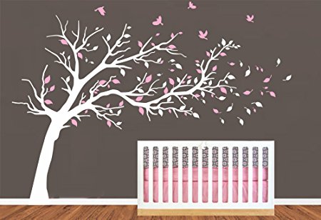 LUCKKYY Large Family Trees Wall Decals in the wind Wall Sticks Family Room Art Decoration (white pink)