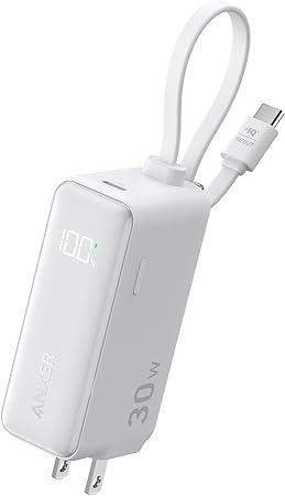 Anker Power Bank USB C Charger Block, 3-in-1 5,000mAh Portable Charger with Built-in USB-C Cable and Foldable AC Plug, 30W Max Compact Battery Pack, for iPhone 15 Series, Galaxy, MacBook and More