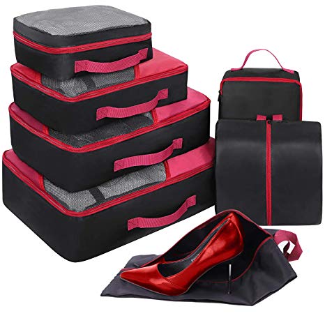 Travel Organizer Packing Cubes Set 7Pcs, Faxsthy Travel Cubes, Mesh Luggage Packing Organizers with Shoe Bags