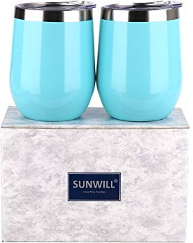 SUNWILL Insulated Wine Tumbler with Lid (Seafoam Blue 2 Pack), Stemless Stainless Steel Insulated Wine Glass 12oz, Double Wall Durable Coffee Mug, for Champaign, Cocktail, Beer, Office use