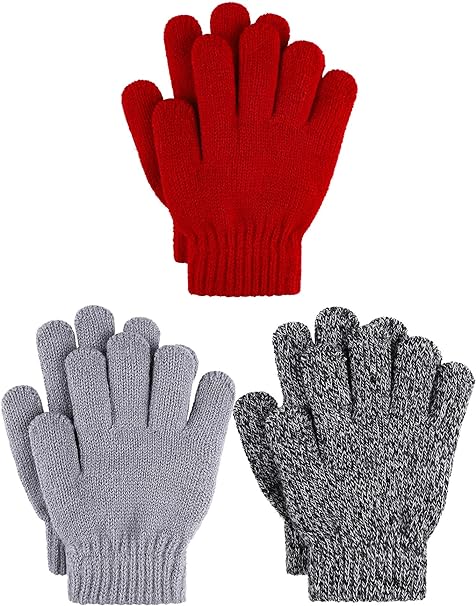 Cooraby 3 Pairs Kid's Winter Gloves Thick Cashmere Warm Knitted Gloves Children Cold Weather Gloves