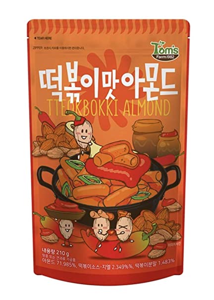 Gilim Tom's Farm Korean Seasoned Almonds Spicy Tteokbokki (Topokki) Flavor (210g) x 1 Pack