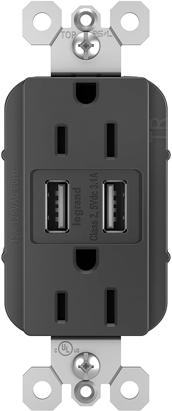 Legrand radiant 15 Amp Decorator Wall Outlet with 3.1 Amp USB Charger, BlackTM826USBBKCCV4