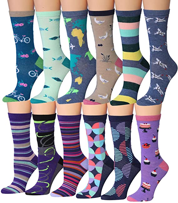 Tipi Toe Women's 12 Pairs Colorful Patterned Crew Socks