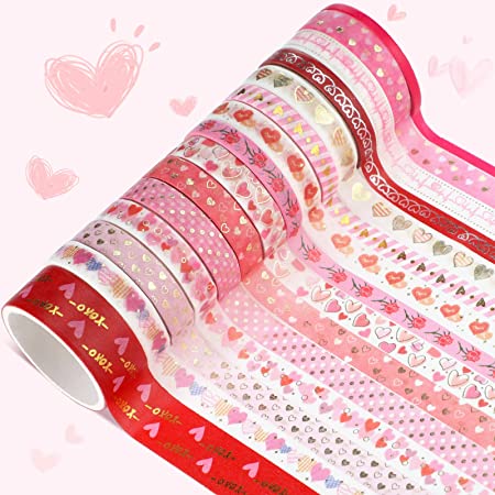 15 Rolls Valentine's Day Washi Tapes Heart Rose Print Masking Tape Gold Foil Pattern Craft Tape Valentine Wrapping Decoration Tapes for Festival Wedding Party Crafts Making Supplies