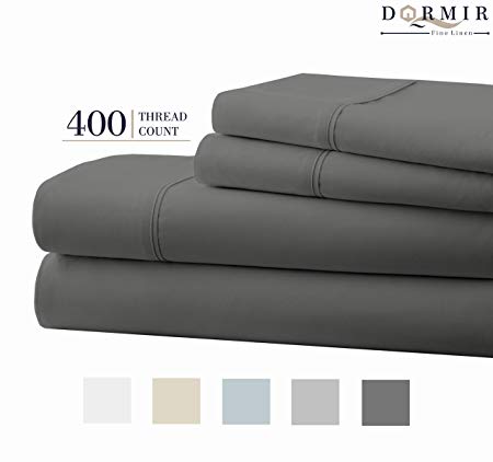 Dormir 400 Thread Count 100% Cotton Sheet Dark Grey Twin Sheets Set, 3-Piece Long-Staple Combed Cotton Best Sheets for Bed, Breathable, Soft & Silky Sateen Weave Fits Mattress Upto 18'' Deep Pocket