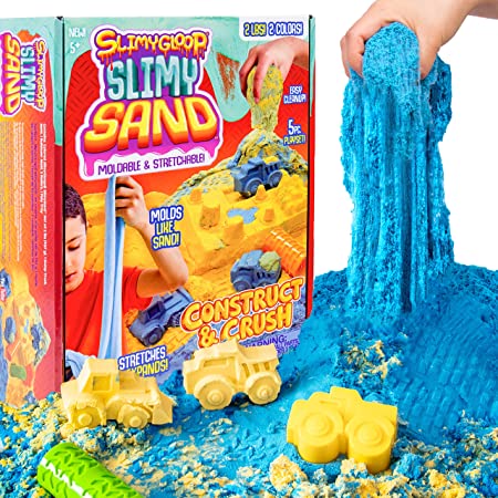 SlimySand Construction, 2 Pounds of SlimySand in 2 Different Colors (Blue and Yellow), 3 Fun 3D Molds, 2 Rollers & 1 Reusable Box For Hours Endless Hours of Play. Super Stretchy & Moldable!