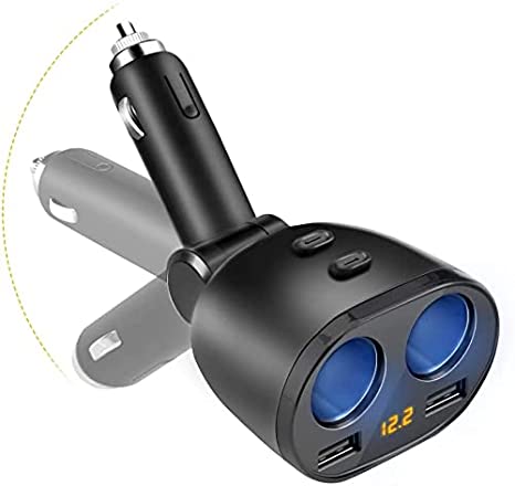 USB Car Charger Splitter Adapter, 2 Socket Cigarette Lighter Multi Power Outlet 12V/24V 80W DC with LED Voltmeter Switch Dual USB Port for Mobile Phone Tablet GPS Dash Cam Samsung Tomtom