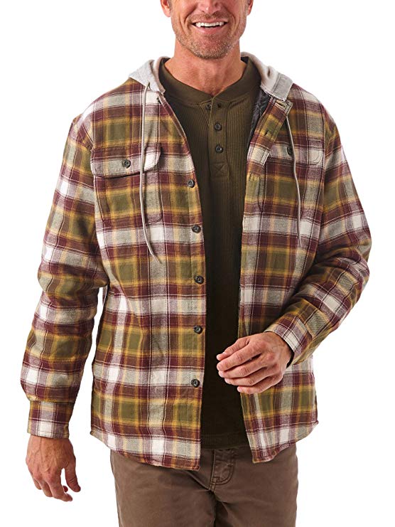 Wrangler Authentics Men’s Long Sleeve Quilted Line Flannel Jacket with Hood