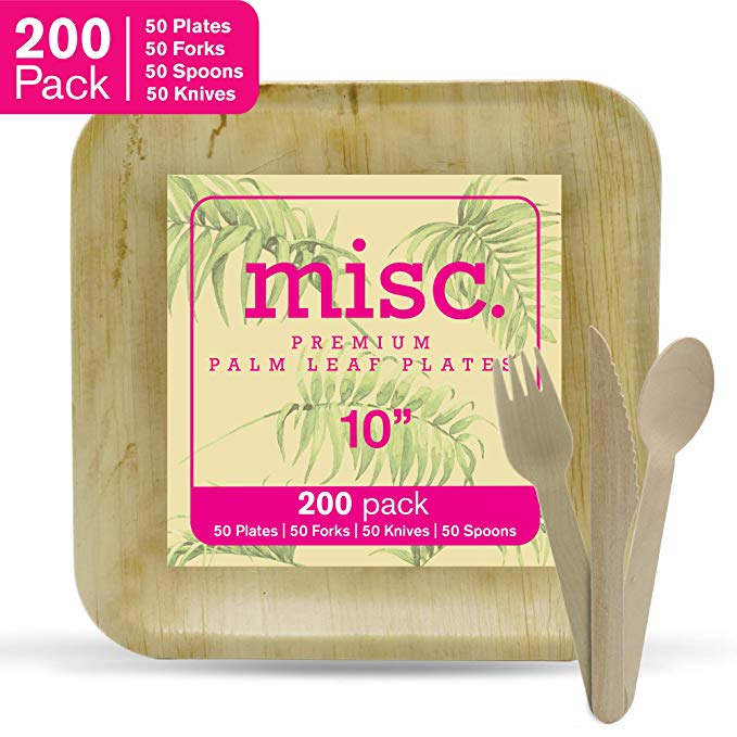 [New, Late 2019 Product] Palm Leaf Plates 10" Square 200 Pack (50 Plates, 50 Forks, 50 Knives, 50 Spoons),Wooden Cutlery Bundle, Heavy Duty Biodegradable, Disposable, Compostable, FDA Approved