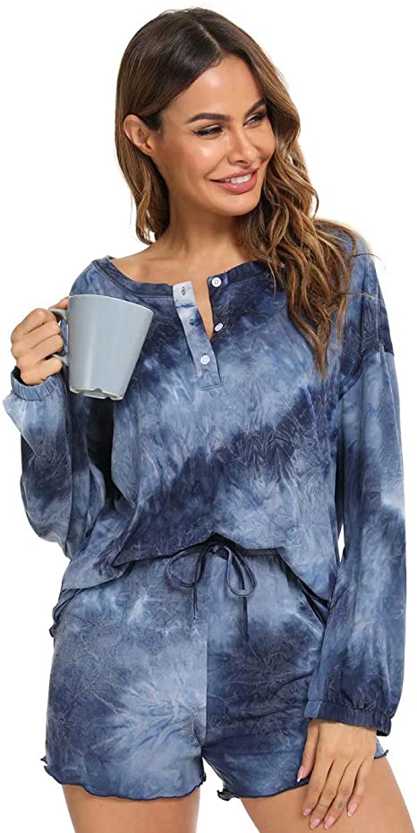 Bloggerlove Tie Dye Pajamas Long Sleeve Shirt & Shorts Button Down Lounge Sets