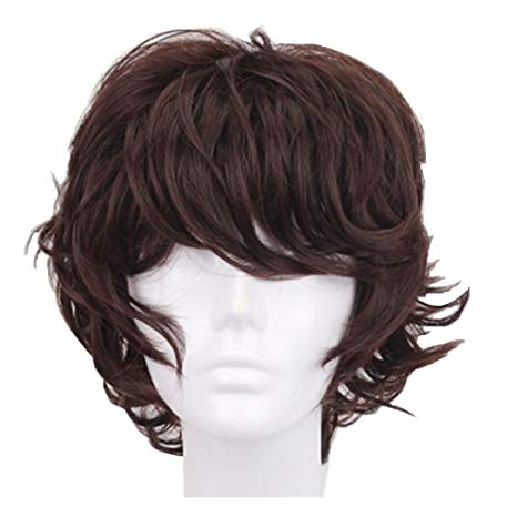 God's Hand 13 Inch Dark Brown Short Curly Anime Cosplay Wigs with Bang for Men Boys Girls Costume Halloween Party (dark brown)