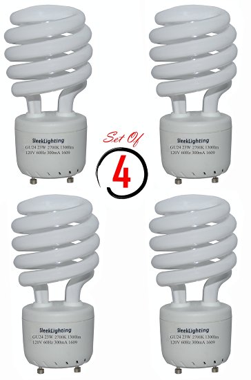 SleekLighting 23Watt T2 Spiral CFL Light Bulb 2700K 1300lm GU24 base - 4pack