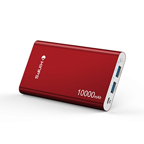 Portable Charger Kinps 10000mAh Dual Ports Aluminum Case Li-Polymer External Backup Battery Power Bank for Phones Tablets and More Devices