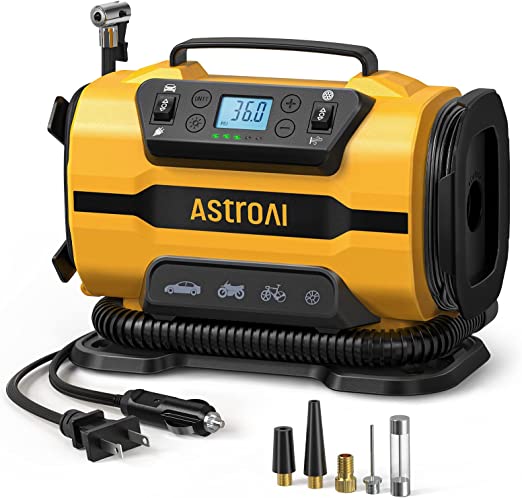 AstroAI Tire Inflator Portable Air Compressor for Car Tire Pump 150PSI 12V DC/110V AC with Dual Metal Motors &LED Light，Automotive Car Accessories&Two mode for car, bicycle tire and air mattresses