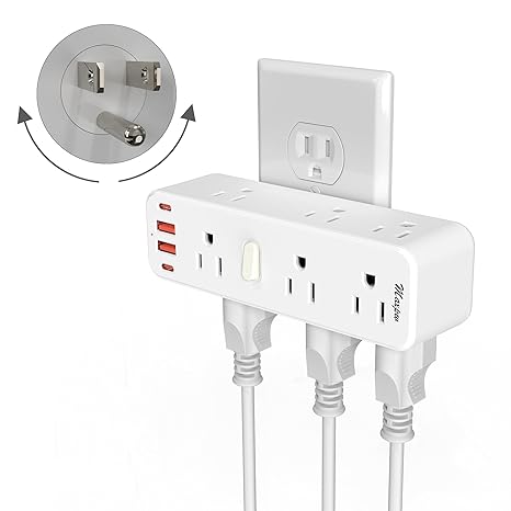 Maxpw Surge Protector Outlet Splitter with 360° Rotating Plug, 9 Outlets Extender(3 Sided) and 4 USB Ports (2 USB-C), 2100 Joules, Swivel Power Strip with Power Switch for Home, Office, Travel, White