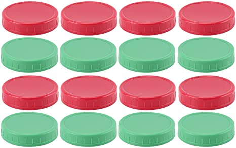 Cornucopia Plastic Mason Jar Lids (Red & Green, Wide Mouth, 16-Pack, Unlined); Christmas Colored Economy Bundle of Large Mason Jar Caps 86-450 Size, BPA-Free