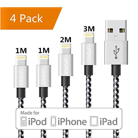 UPZHIJI Phone Charger Cable (1M/3FT-2Pack)(2M/6FT-1Pack)(3M/9FT-1Pack) Fast Sync Charger USB Cable Nylon Braided Cord (Black-4 pack)