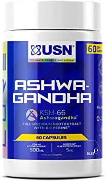 USN Ashwanghanda, KSM-66 100 Percent Natural Supplement, Added Bioperine to Aid with Absorption, 60 Caps