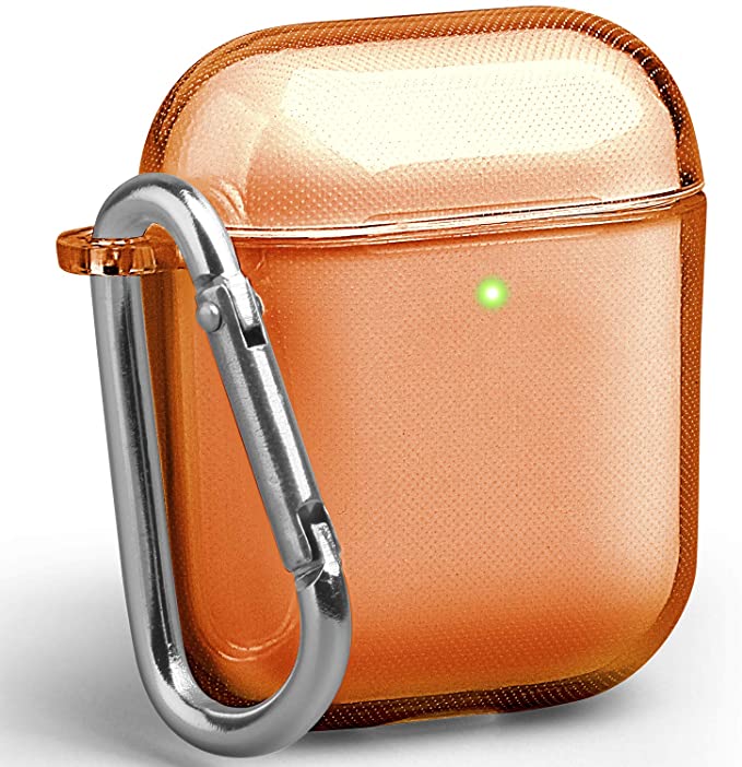 GMYLE Compatible with AirPods Case Clear, Protective See Through Shockproof Case Cover Skins with Keychain, Clear Neon Orange [Front LED Visible]