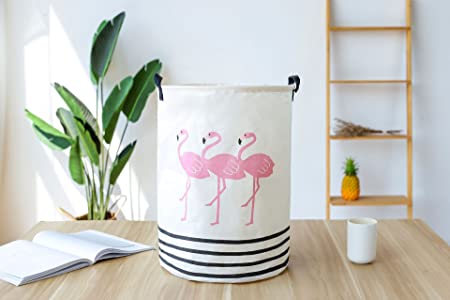 19.7" Large Sized Waterproof Coating Ramie Cotton Fabric Folding Laundry Hamper Bucket Cylindric Burlap Canvas Storage Basket (White Flamingo)