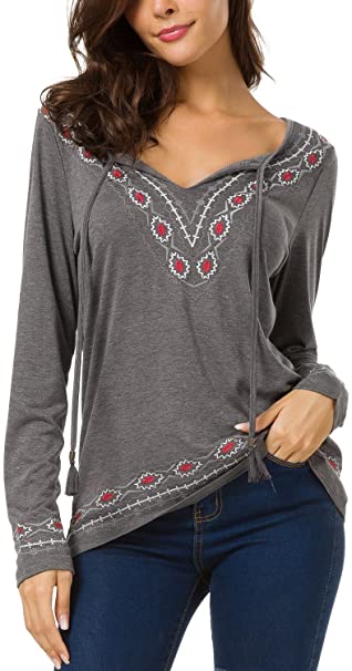 Women's Long Sleeve Boho Tops Tie Neck Embroidered Detail