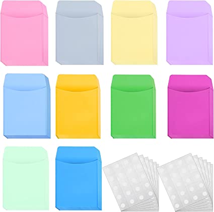 100 Pieces Library Card Envelope Colorful Small Packet Envelope Library Card Pocket with 12 Sheets Removable Adhesive Dot for Public Library School Office (Assorted Colors)