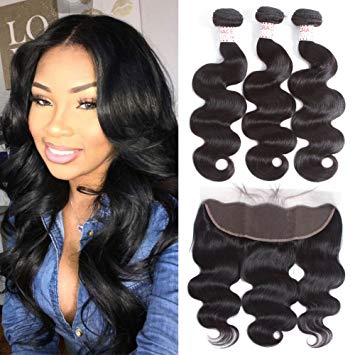 Grace Plus Hair Brazilian Body Wave 3 Bundles with Frontal Ear to Ear Lace Frontal Closure with Bundles Brazilian Hair with Closure Human Hair Extensions Lace Frontal with Baby Hair (20 22 24 18)