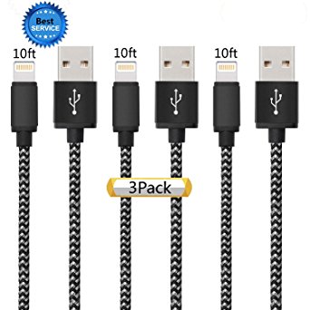 iPhone Cable SGIN,3Pack 10FT Nylon Braided Cord Lightning to USB iPhone Charging Charger for iPhone 7,7 Plus,6S,6 Plus,SE,5S,5,iPad,iPod Nano 7(Black Grey)