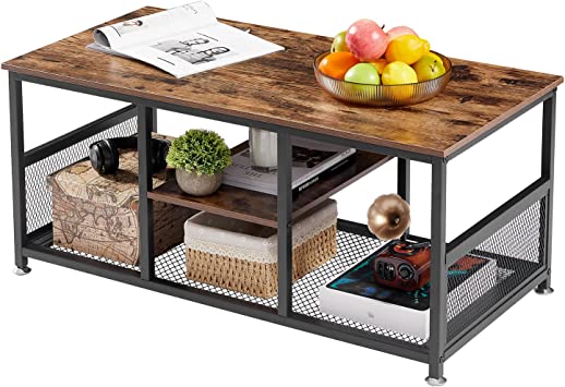 VECELO Coffee Table with Storage Shelf for Home Living Room, 39.4 Inch, Industrial Style, Easy Assembly, Vintage Brown