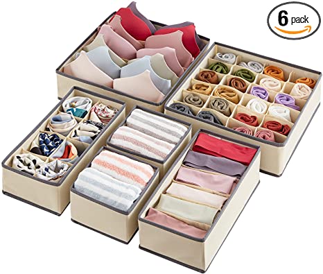 Lifewit Drawer Underwear Organizer Divider 6 Pieces Fabric Foldable Dresser Storage Basket Organizers and Storage Bins for Storing Bra, Lingerie, Undies, Beige