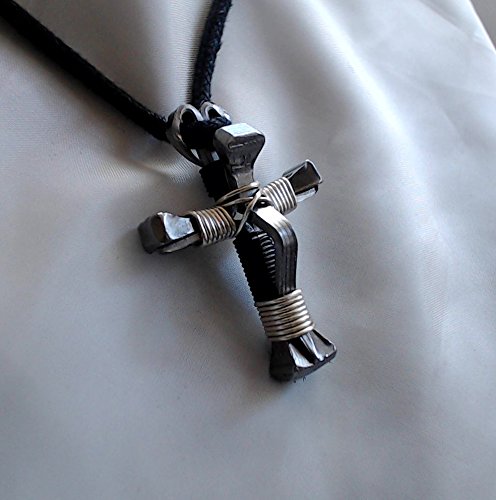 5 Nail Horseshoe Nail Cross Necklace - Black / Silver