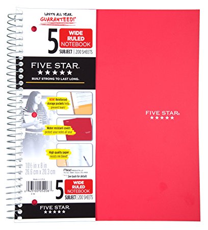 Five Star Wirebound Notebook, 5 Subject, Wide Ruled, 200 Sheets, Assorted (color selected my vary) (05206)