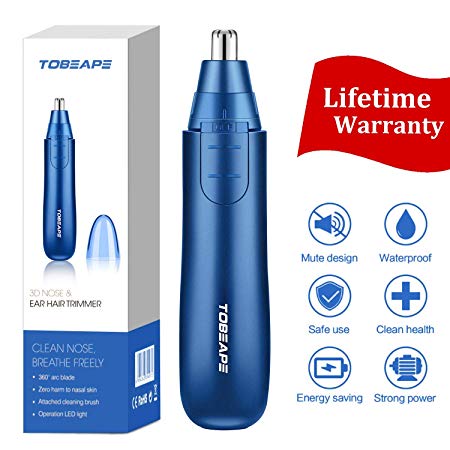 Nose Hair Trimmer for Men, Tobeape Men Women Nose and Ear Trimmer, Professional Electronic Nose Hair Clipper, Painless Noiseless Eyebrow and Facial Hair Trimmer with Vacuum Cleaning System, LED Light and IPX7 Waterproof Dual Edge Blades, Easy Cleansing , Battery-Operated