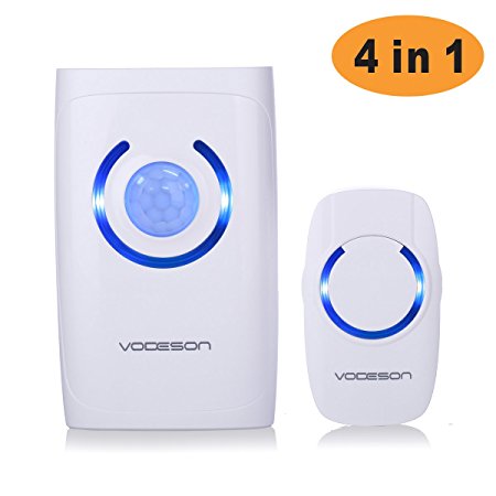 Vodeson HD01 4-in-1 Wireless Doorbell Operating Over 500-feet Range with 36 Chimes; Extra Functions with Security Burglar Alarm, Motion Sensor Light and Emergency Flashlight
