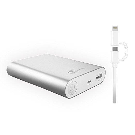 [Qualcomm Certified] Qi-infinity™ 10,400mah Quick Charge External Battery (Input and Output Both) for Samsung S6 Edge and Note5 with [Apple Certified Mfi] 2-in-1 Micro Usb-lightning Cable