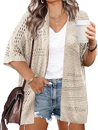 IN'VOLAND Plus Size Lightweight Crochet Cardigan for Women Short Sleeve Summer Kimonos Boho Open Front Knitted Cardigans