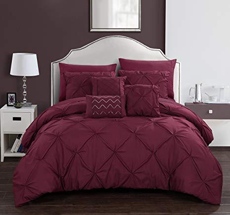 Chic Home Hannah 10 Piece Comforter Complete Bag Pinch Pleated Ruffled Pintuck Bedding with Sheet Set and Decorative Pillows Shams Included, Queen, Burgundy