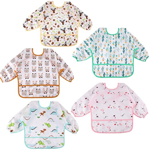 Lictin Baby Bibs with Sleeves - 5 Pieces Unisex Feeding Bibs Anti-Dressing Bibs Baby Drool Bibs Painting Apron Bibs for Infant Toddler 0 Months to 2 Years Old