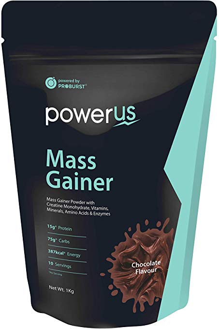 Powerus Mass Gainer Powder (1kg, Chocolate Flavour) with Creatine Monohydrate, Vitamins, Minerals, Digestive Enzymes and Amino Acids,10 servings