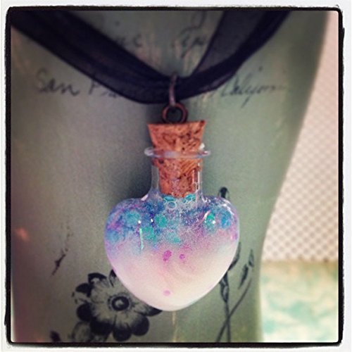 Pastel Goth Glow In The Dark Glass Heart Charm with Black Ribbon and Cord Necklace