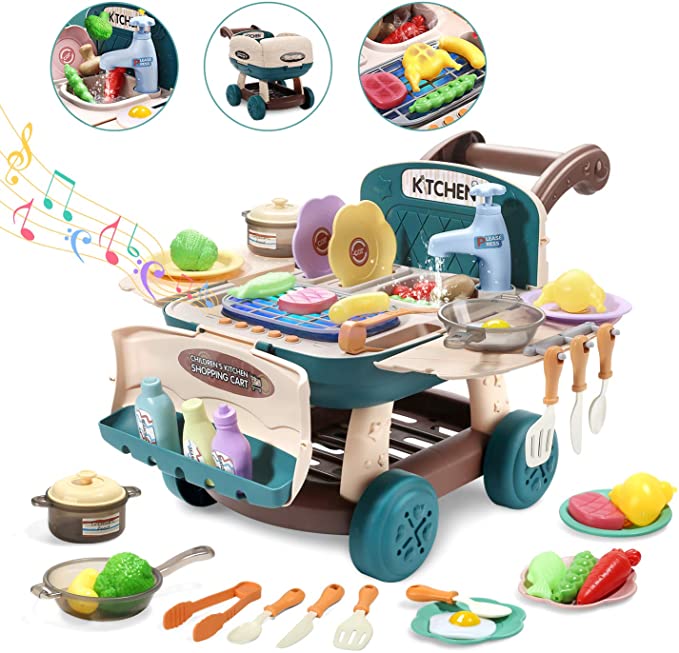 Cute Stone Kids Play Kitchen Toy Shopping Cart Playset,Cooking Toy with Light and Music,Color Change Play Foods, Play Sink Toy, Play Cookwares Pot and Pan,Role Play Simulated Kitchen Toy Gift for Kid