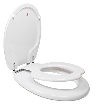 TOPSEAT TinyHiney Potty Round Toilet Seat, Adult/Child, w/ Slow Close Chromed Metal Hinges, Wood, White