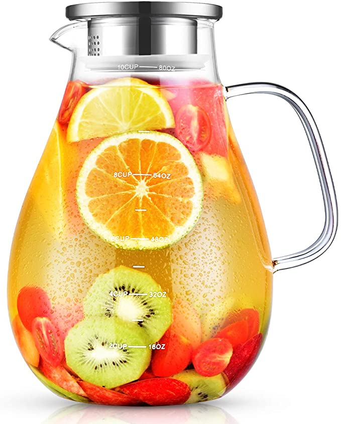 Water Pitcher, 2.4L Glass Pitcher with Lid, Large Glass Jug for Juice, Milk, Hot&Cold Beverage, Borosilicate Iced Tea Pitcher for Fridge with Brush
