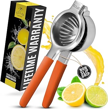 Zulay Lemon Squeezer Stainless Steel with Premium Heavy Duty Solid Metal Squeezer Bowl and Food Grade Silicone Handles - Large Manual Citrus Press Juicer and Lime Squeezer Stainless Steel (Orange)