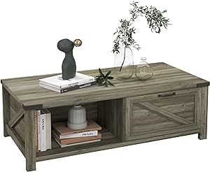 HOMCOM Farmhouse Coffee Table with Storage and Drawer, Rustic Coffee Table for Living Room, Open Shelf, Gray Oak