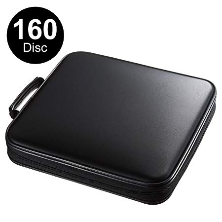 SANWA (Japan Brand) 160 Large Capacity CD Case, Portable DVD/VCD Storage, EVA Protective Blu-ray Wallet, Binder, Holder, Booklet with Attached Handle for Car, Home, Office, Travel (Black)